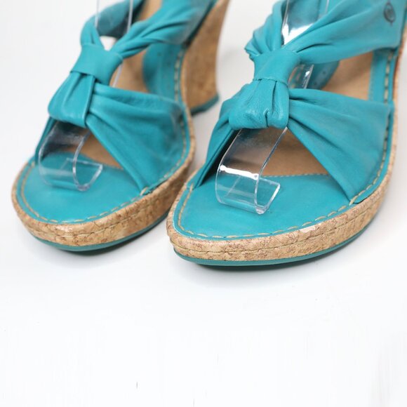 Born Driless Monte Carlo Leather Cork Wedge Sandal Turquoise Blue Strappy Mule - Picture 7 of 11